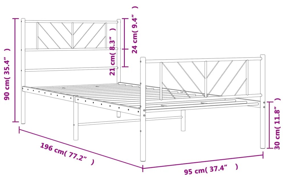 Estrutura de cama com cabeceira e pés 90x190 cm metal preto
