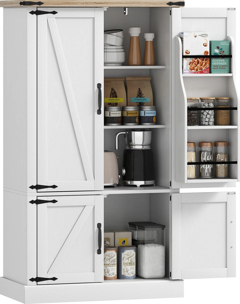 Armário de cozinha com 4 portas 76,3 x 40 x 136 cm, 6 suportes para especiarias e prateleiras ajustáveis, branco