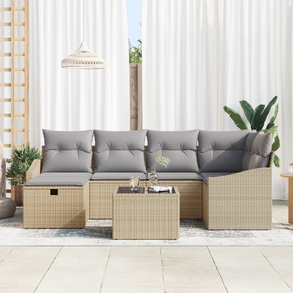Conjunto de Sofá de Jardim de 7 Peças com Almofadas Bege Rattan Poliés