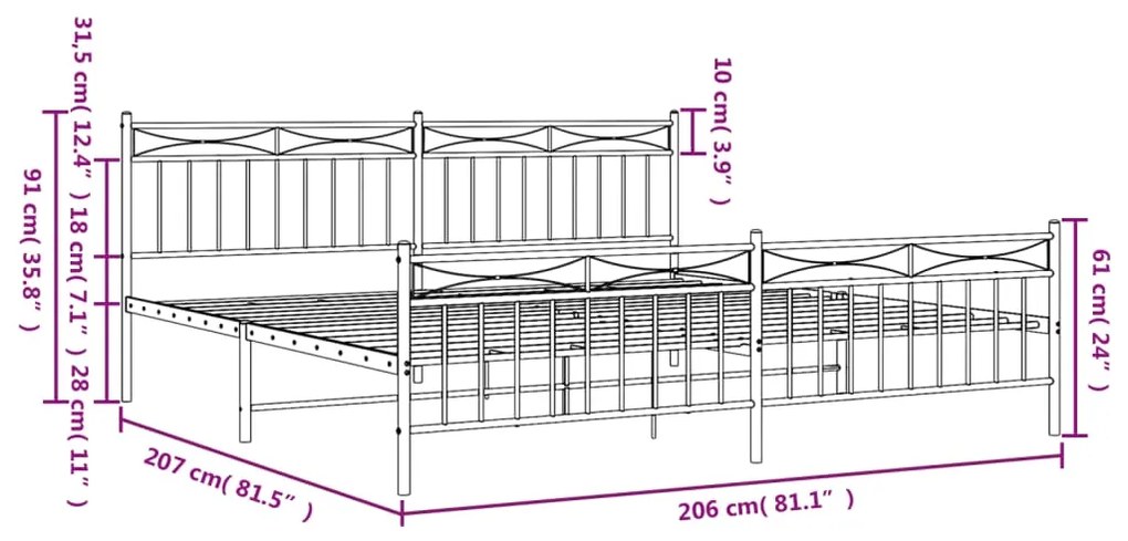 Estrutura de cama com cabeceira e pés 200x200 cm metal branco