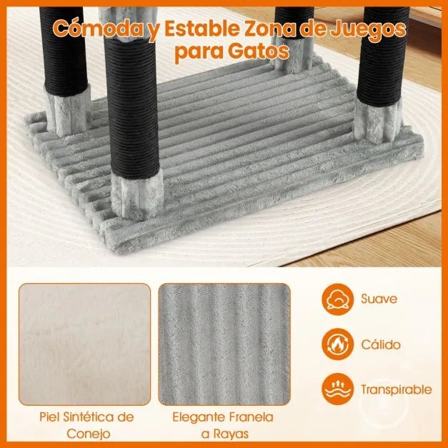 Arranhador para gatos com vários níveis 59 x 40 cm x 156 cm com com 2 camas, postes para arranhar Bolas suspensas Cinza