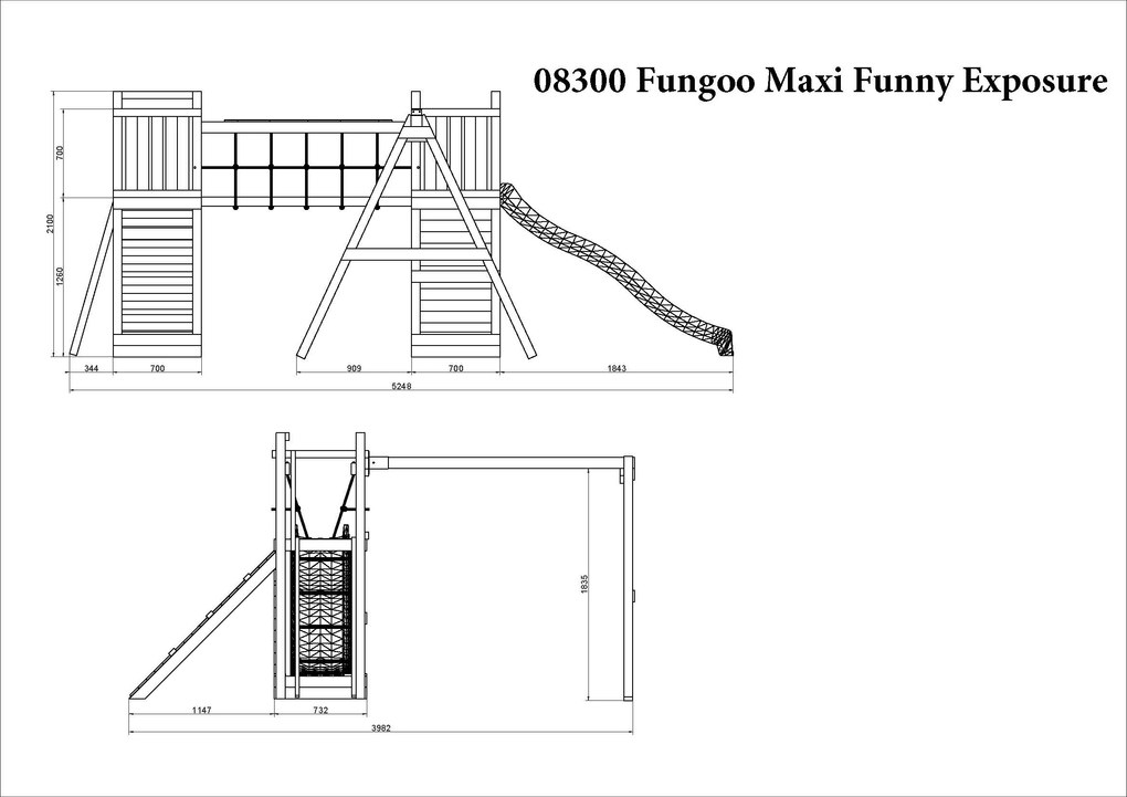 Parque infantil Crianças Exterior Maxi Funny Exposure KDI Com Escorrega, 2 Baloiços, rampa com corda de escalada, caixa de areia, parede de escalada