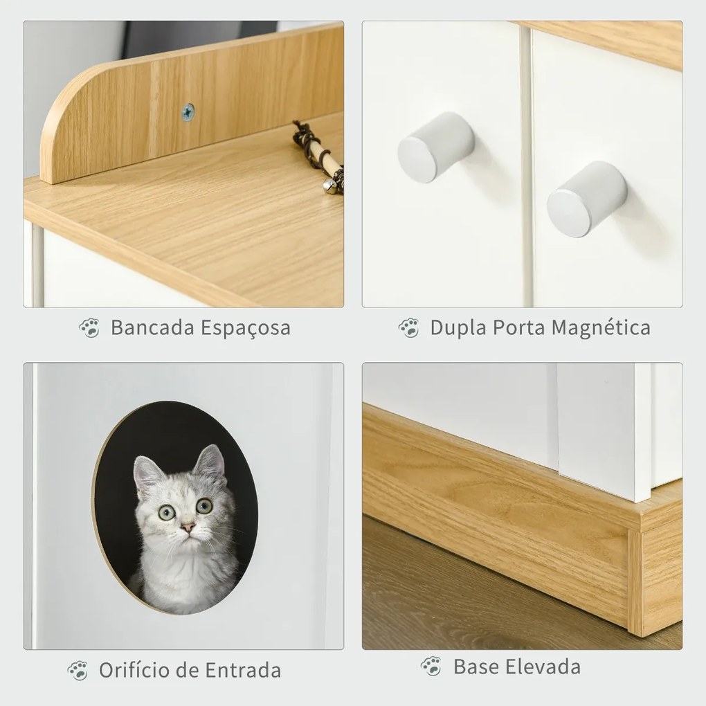 Casa para Gatos de Madeira Móvel Caixa de Areia para Gatos 2 em 1 com Bancada de Armazenamento Dupla Porta e Orifício de Entrada Lateral 75x53x67cm Br