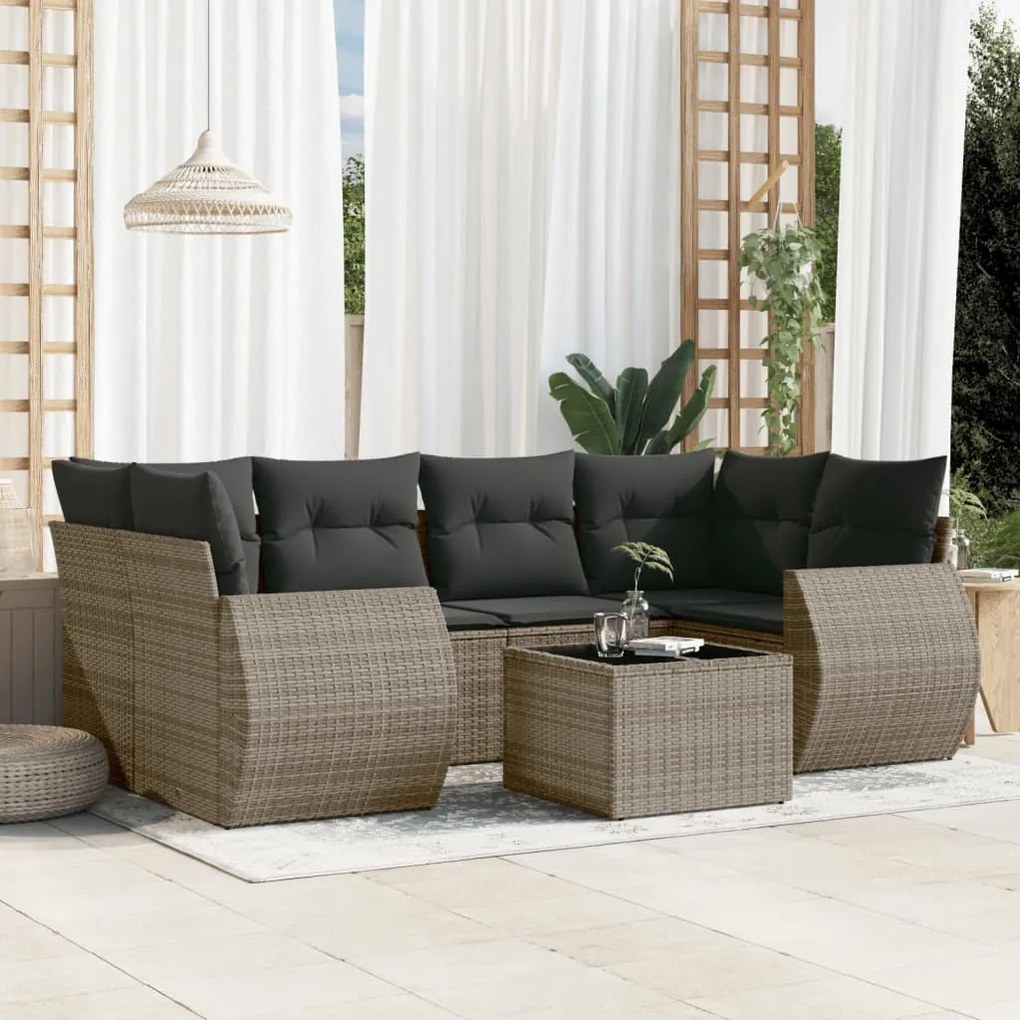 7 pcs conjunto sofás p/ jardim c/ almofadões vime PE cinzento