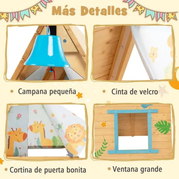 Conjunto de casa de madeira triangular 2 em 1 para 2 crianças dos 3 aos 8 anos com parede de escalada, campainha frontal e cortina amovível Natural