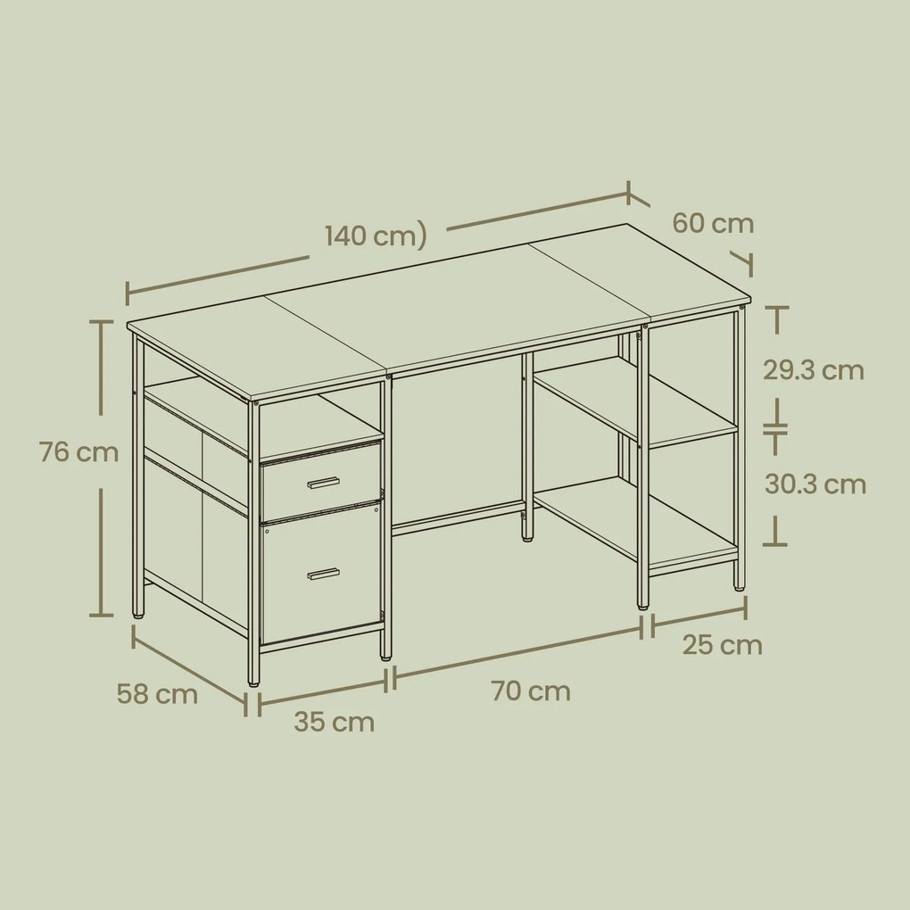 Secretaria com 3 prateleiras e 2 gavetas, 60 x 140 x 76 cm (T x B x H) castanho vintage-preto