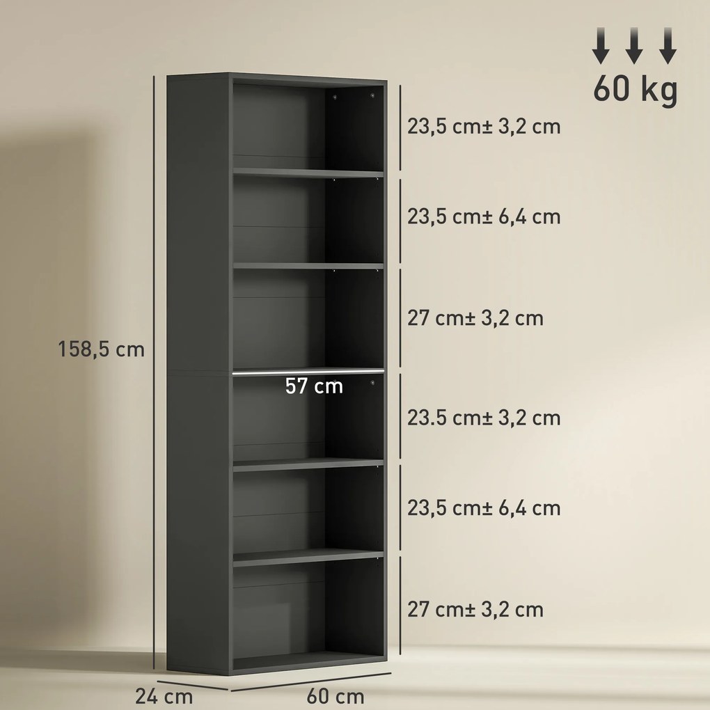 Estante de arrumação 60 x 24 x 158,5 cm com 6 níveis e prateleiras ajustáveis para sala de estar, quarto, escritório, preta