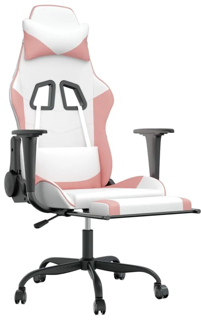 Cadeira gaming com apoio p/ pés couro artificial branco e rosa