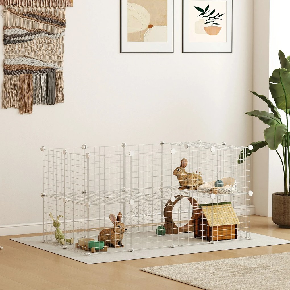 Recinto de Metal para Pequenos Animais de Estimação (ACESSORIOS NÃO INCLUIDOS) com 36 Painéis Desmontável DIY 146x73x73 cm Branco