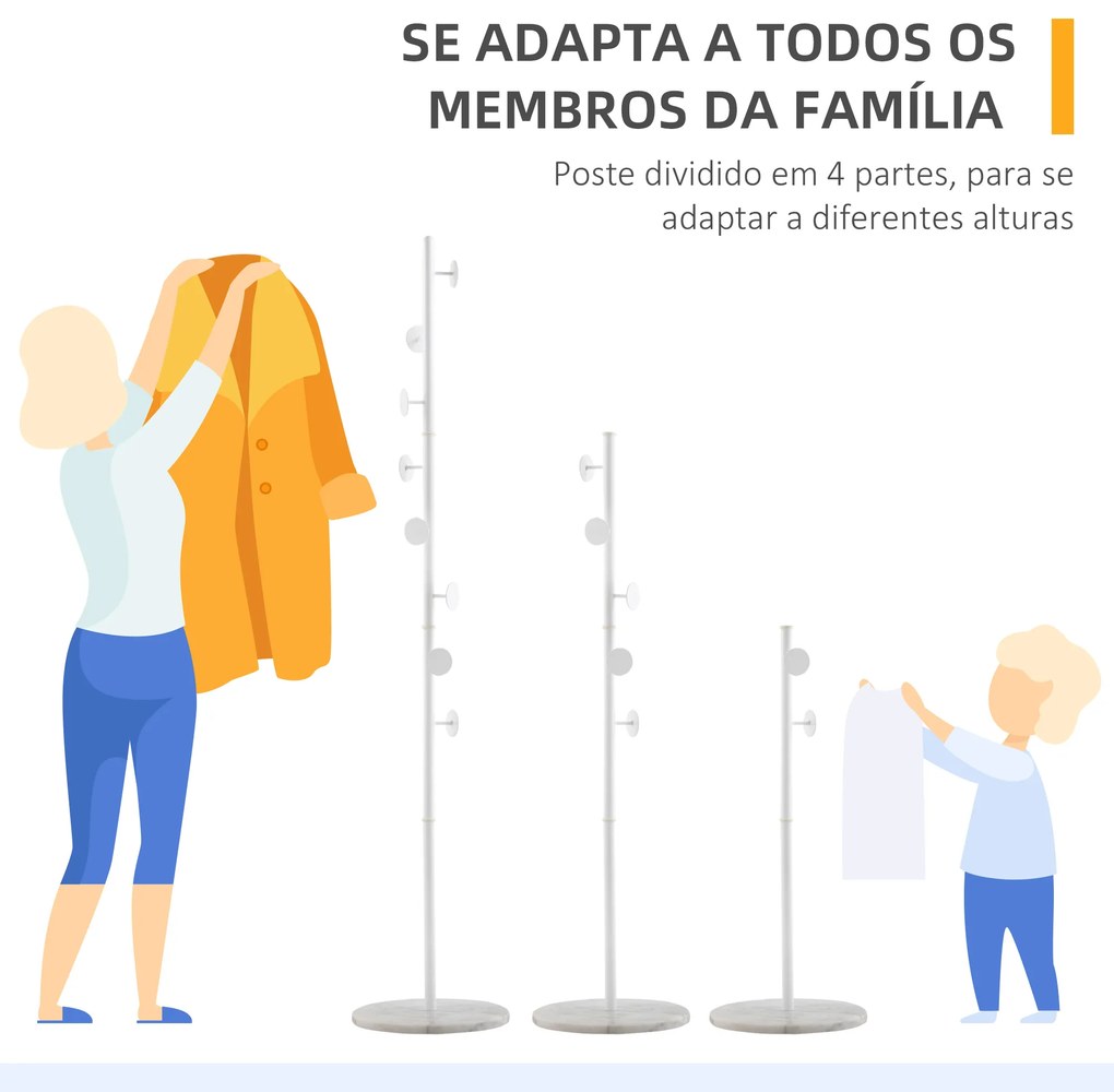 HOMCOM Cabideiro de Pé Cabideiro para Roupas com 8 Ganchos para Pendurar Bolsas Chapéus com Base de Mármore para Dormitório Corredor Entrada 35x35x170cm Branco