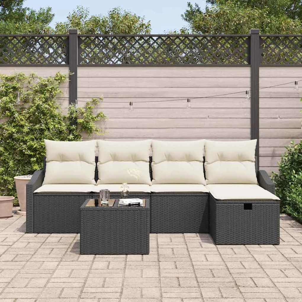 Conjunto de Sofá de Jardim 6 Peças com Almofadas Pretas de Polyrattan