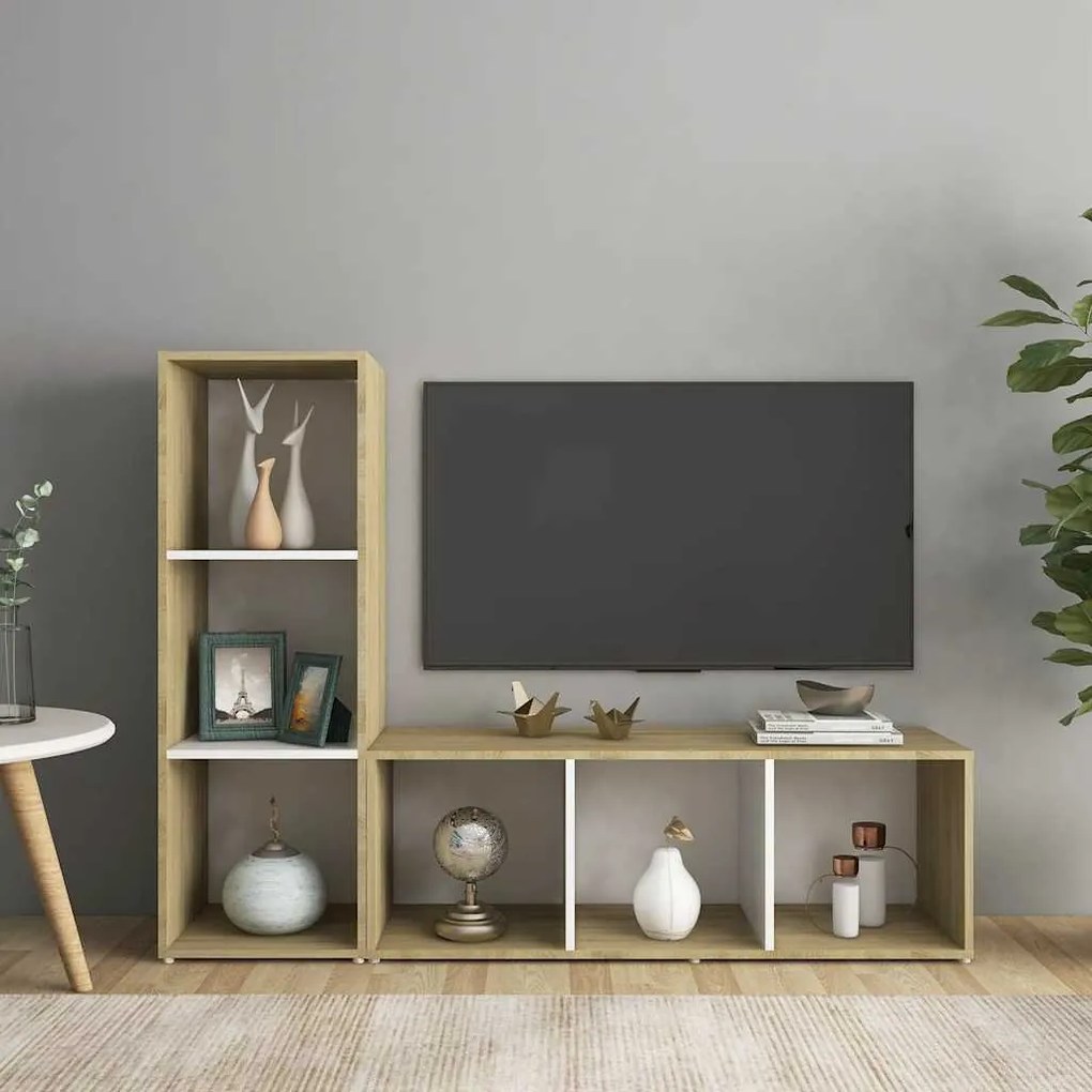 vidaXL Móveis de TV 2pcs derivados de madeira branco/carvalho sonoma