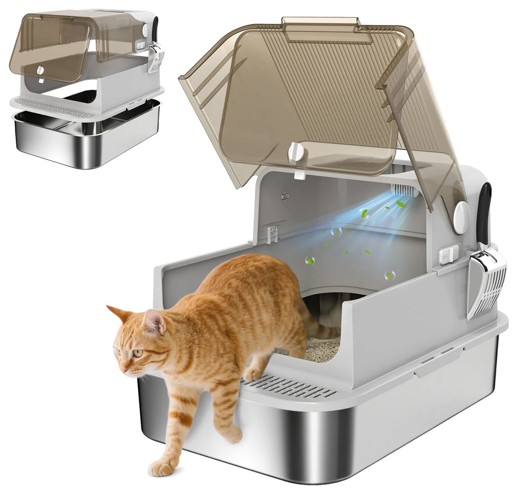 PawHut Caixa de Areia para Gatos em Aço Inoxidável XXL Caixa de Areia para Gatos Grandes com Tampa Basculante Laterais Altas Entrada Superior Pá e Anti-Fugas 70x50x46,5 cm Cinzento