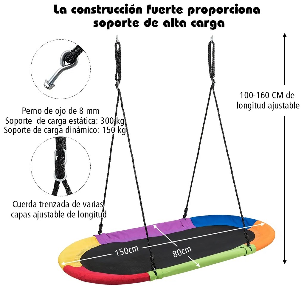 Baloiço Infantil Oval com Cordas Multicamadas Ajustáveis em Altura para Crianças Adultos para Jardim150 x 80 cm Multicor