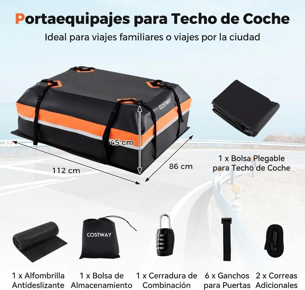Mala de tejadilho universal para carro 112 x 86 x 45 cm, impermeável em PVC, 450 L, com 6 ganchos, 10 correias, faixas refletoras e saco de transporte