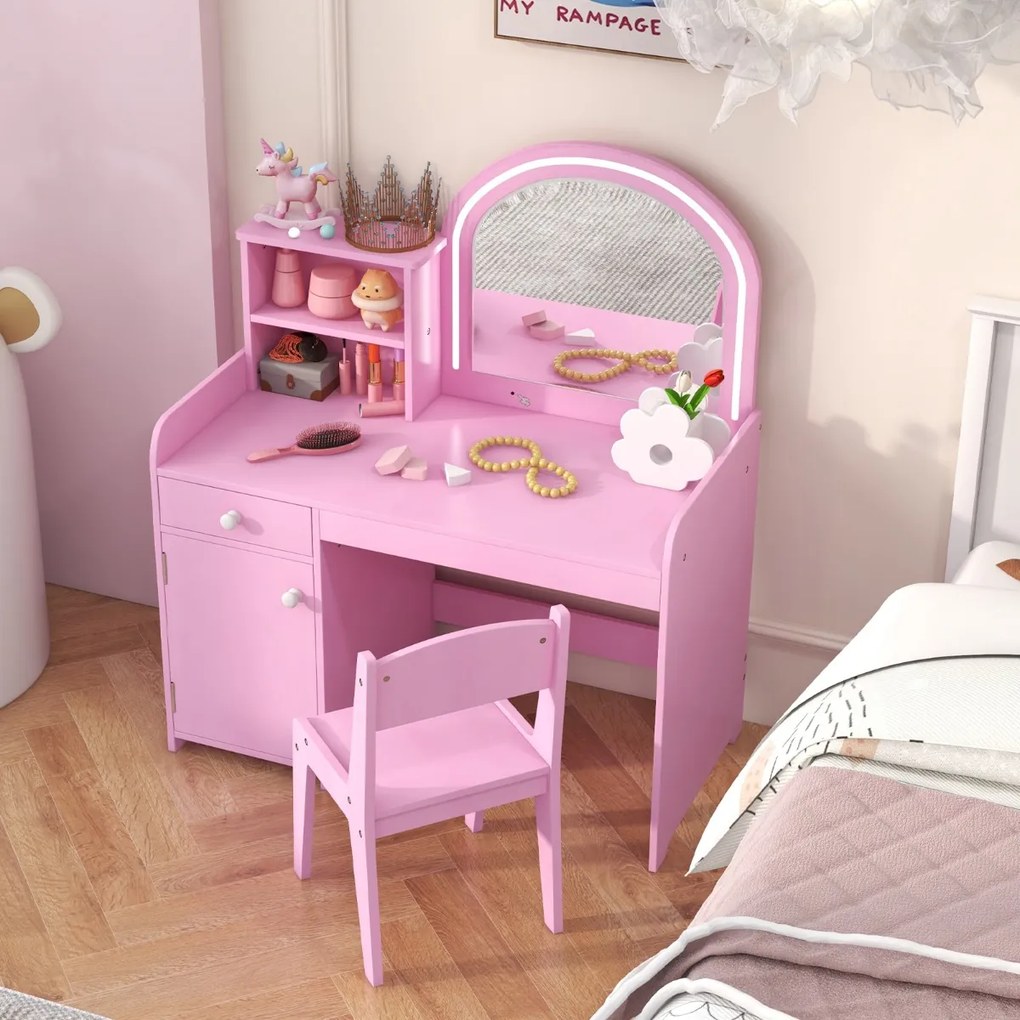 Conjunto de Toucador e cadeira para crianças com prateleira, gaveta e porta Luzes LED de 2 cores Espelho acrílico e pente rosa