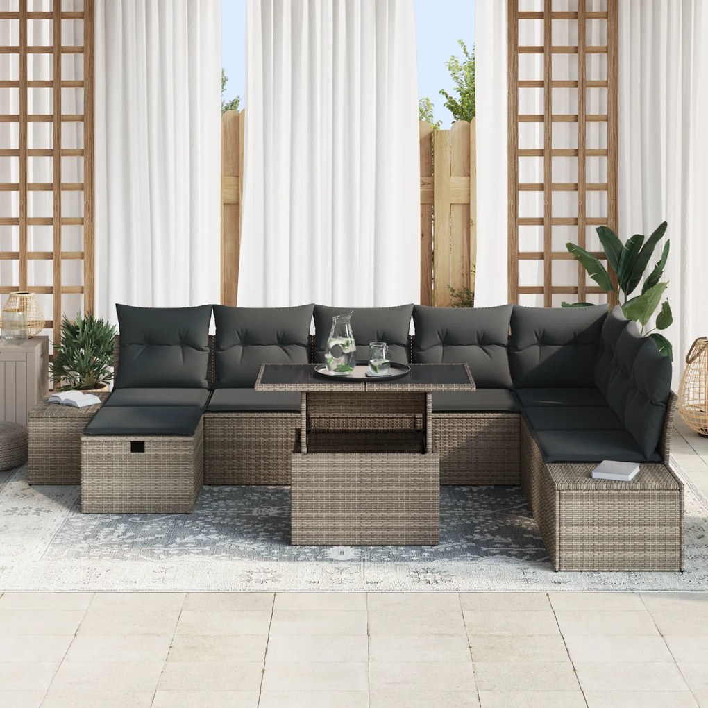Conjunto de Sofá de Jardim com Almofadas Cinza Rattan Polimérico de 9