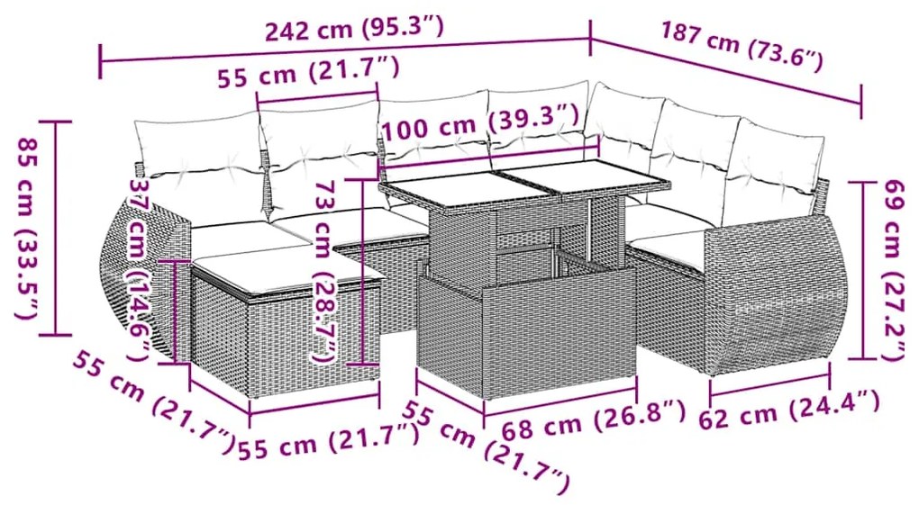 8 pcs conjunto sofás de jardim c/ almofadões vime PE castanho