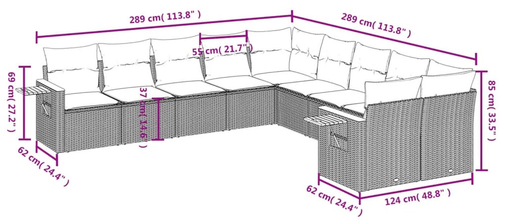 10 pcs conjunto sofás de jardim c/ almofadões vime PE preto