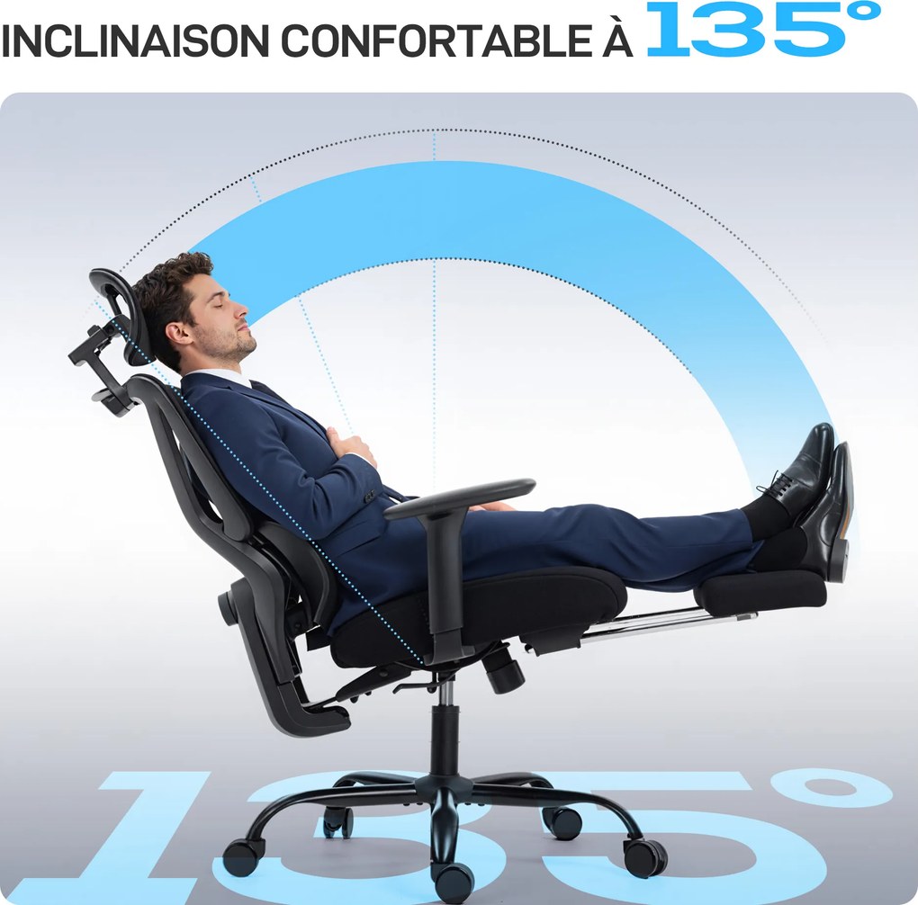 Cadeira de escritório ergonómica, cadeira de escritório com apoio lombar dinâmico e adaptável, 73 x 75 x 120-128 cm, preta