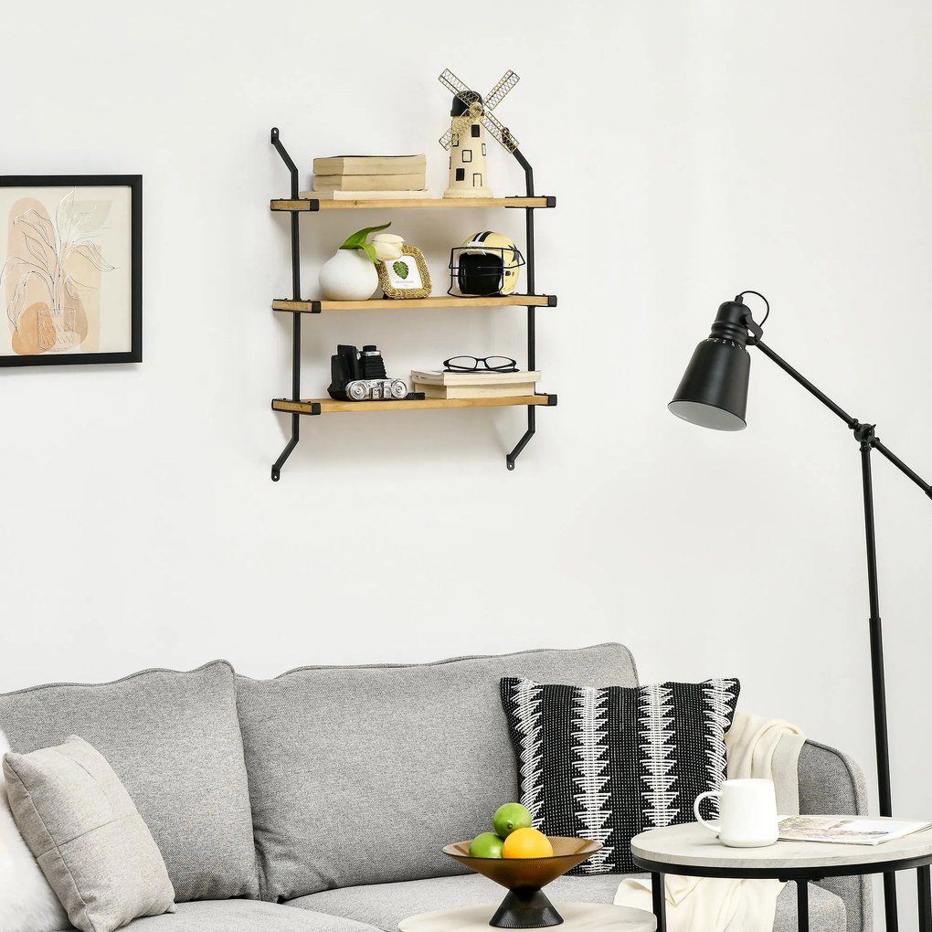 Estante de Parede de 3 Níveis Estante Flutuante de Madeira para Sala de Estar Dormitório Cozinha Sala de Jantar Carga Máxima 15kg 51x15x63,5cm Madeira