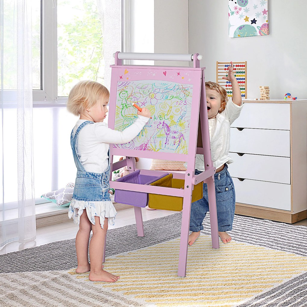 Cavalete Infantil 3 em 1 Cavalete de Arte para Crianças com Quadro Rolo de Papel e 2 Cestos 58,5x50,5x118 cm Rosa