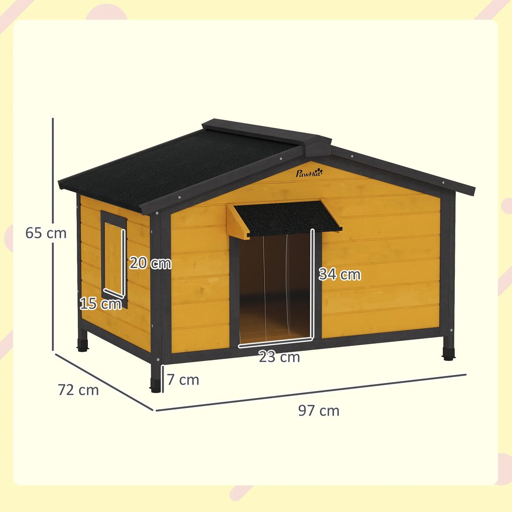 Casota para Cães de Madeira Casa para Animais de Estimação com Teto Asfáltico 2 Janelas Porta com Cortina 97x72x65 cm Madeira