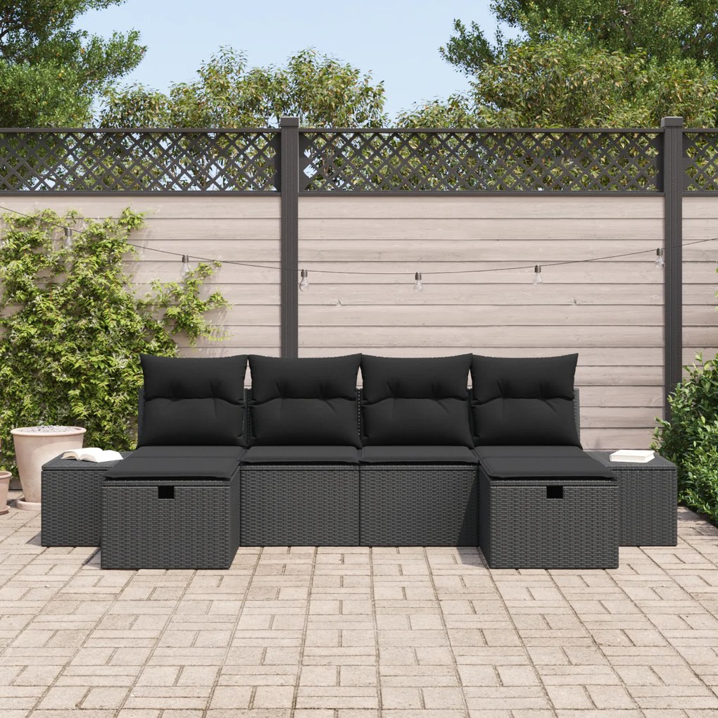 Conjunto de Sofá de Jardim de 6 Peças com Almofadas Preto Vime Sintéti