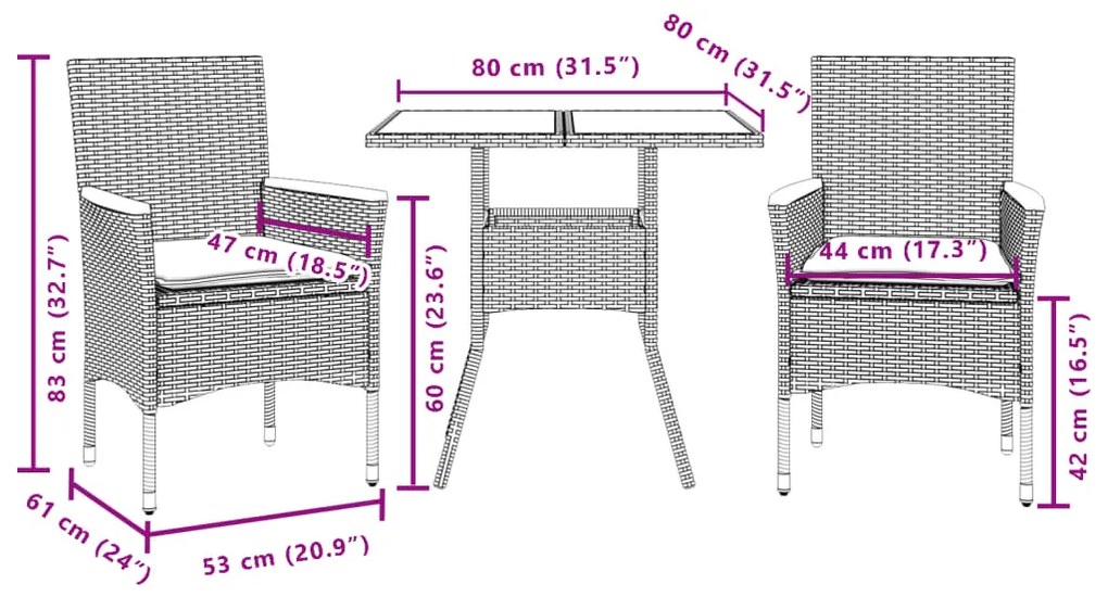 3 pcs conjunto jantar jardim c/ almofadões vime PE/vidro cinza