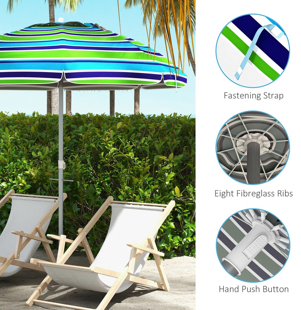 Chapéu de Sol de Praia Ø178x205 cm com Inclinação de 45° e Altura Ajustável Abertura Manual Anti-UV Impermeável Multicolor