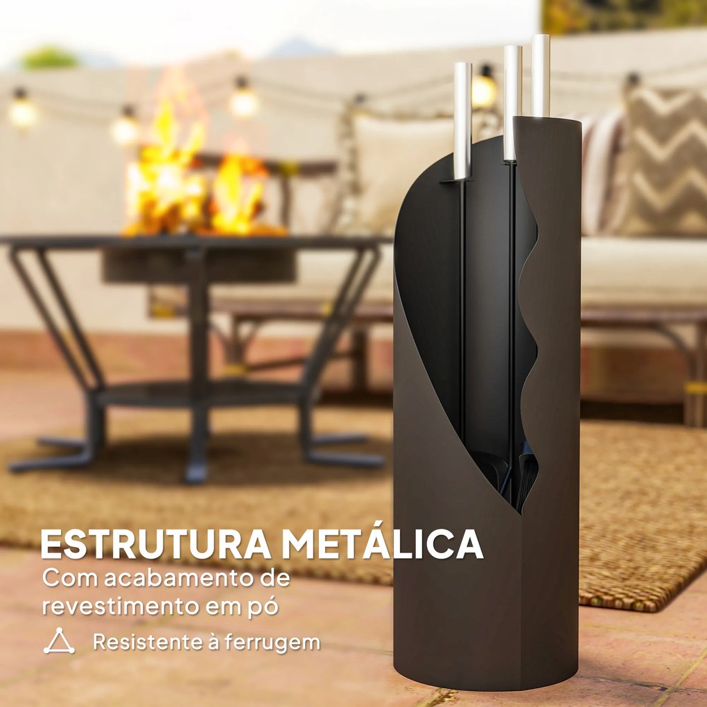 Conjunto de Acessórios para Lareira de 4 Peças de Metal com Vassoura Pá Atiçador e Balde 20x20x65 cm Prateado