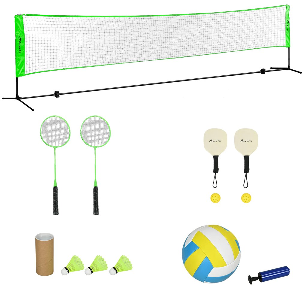 SPORTNOW Kit Badminton 7 Peças Jogo Raquetes Badminton Raquetes Pickleball Bolas Voleibol Rede Suporte Preto Verde | Aosom Portugal