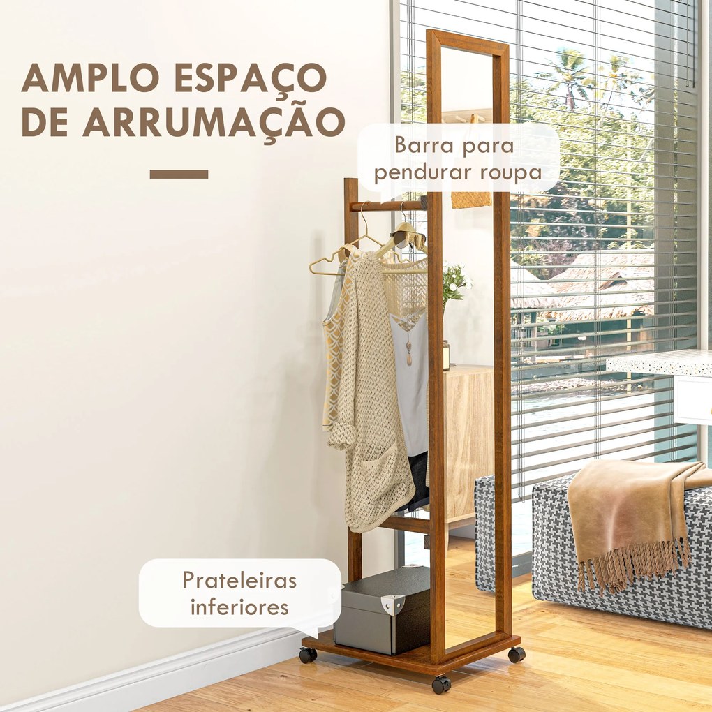 Espelho de Pé com Rodas Espelho de Corpo Inteiro com Barra para Pendurar Roupa e Prateleira 35,5x49,5x167,8 cm Nogueira