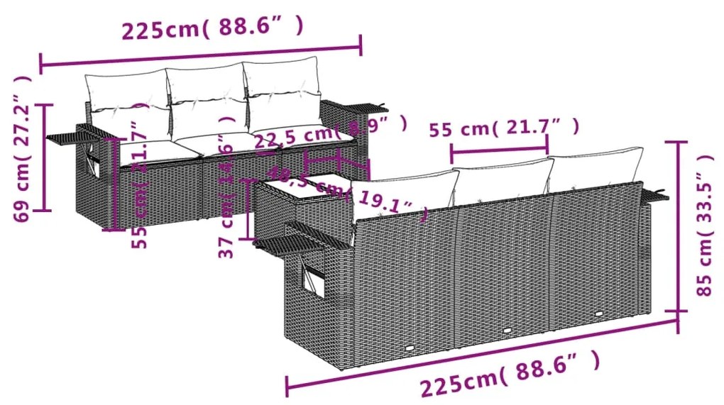 7 pcs conjunto de sofás jardim c/ almofadões vime PE castanho