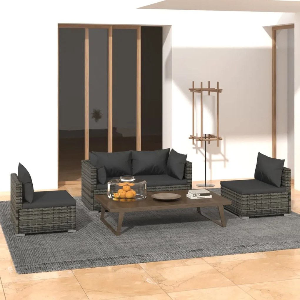 vidaXL 4 pcs conjunto lounge de jardim c/ almofadões vime PE cinzento