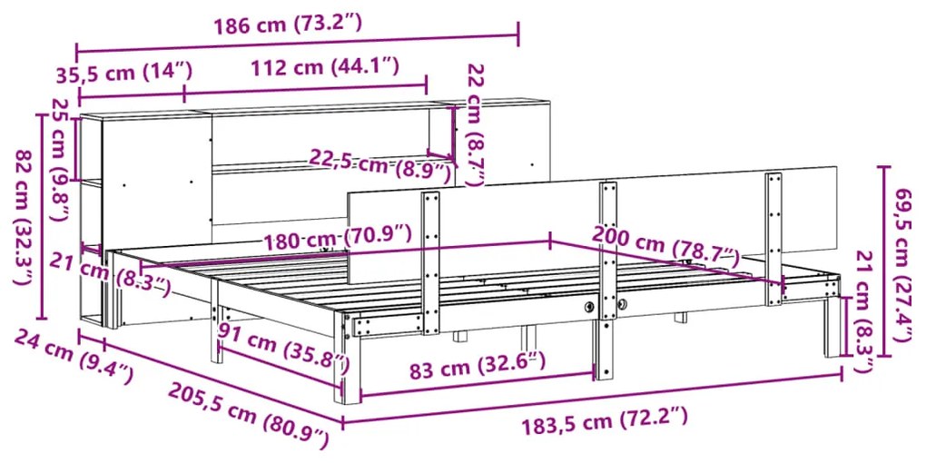 Cama com estante sem colchão 180x200 cm pinho maciço branco