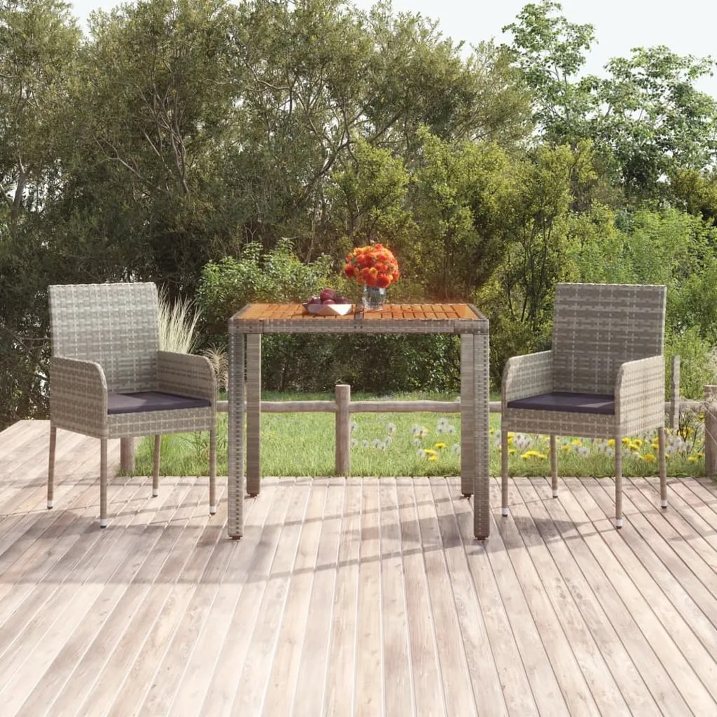 319898 vidaXL Mesa de jardim com tampo de madeira 90x90x75 cm vime PE cinza