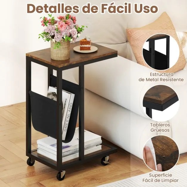 Mesa Auxiliar em Forma de C com Rodas Mesa de Sofá Industrial de 3 Níveis com Estrutura de Metal 40 x 28 x 59 cm Castanho Rústico