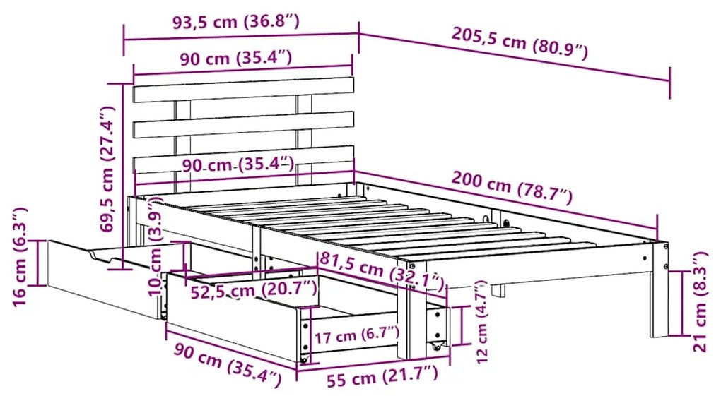 Estrutura de cama c/ gavetas 90x200 cm pinho maciço branco