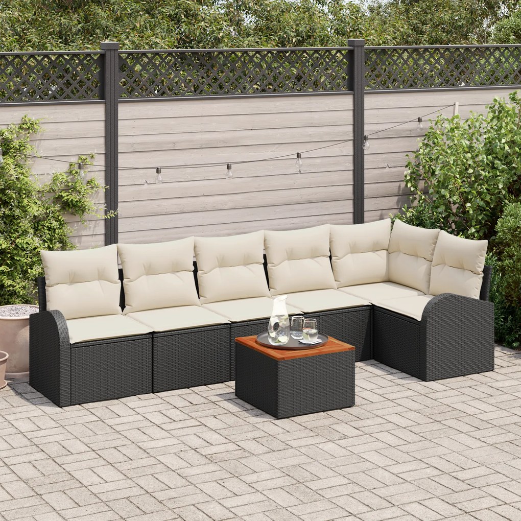 Conjunto de Sofá de Jardim de 7 Peças com Almofadas Preto de Poliratta