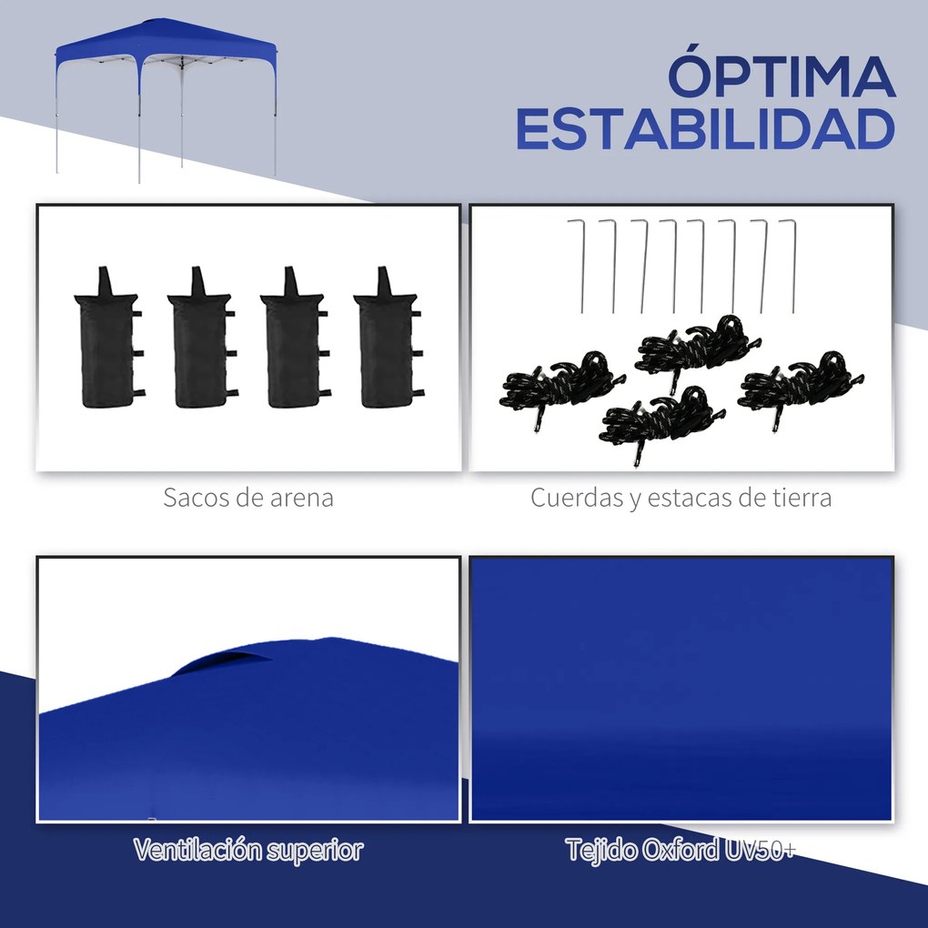 Outsunny Tenda Dobrável 2,5x2,5x2,68cm Tenda de Jardim com Proteção UV 50+ Altura Ajustável com 4 Bolsas de Areia e Bolsa de Transporte para Acampamento Festas Pátio Azul