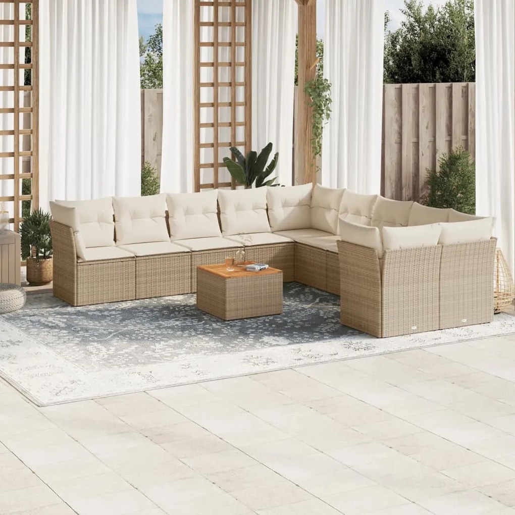 11 pcs conjunto sofás de jardim c/ almofadões vime PE bege