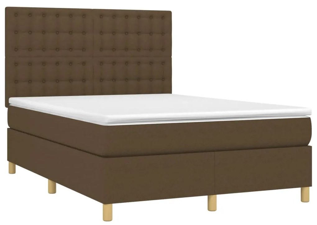 Cama box spring c/ colchão/LED 140x200cm tecido castanho-escuro