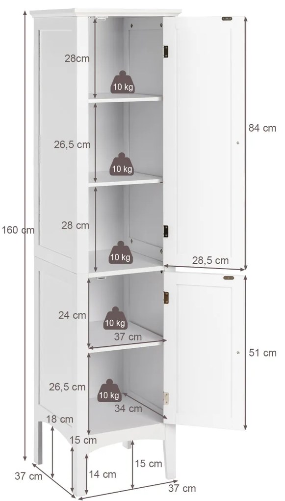 Armário de casa de banho alto com 5 níveis de arrumação estreito 37 x 37 x 160 cm Branco