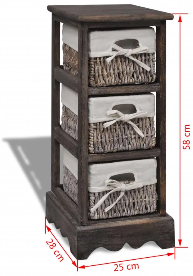 Estante de armazenamento de madeira com 3 cestos, castanho