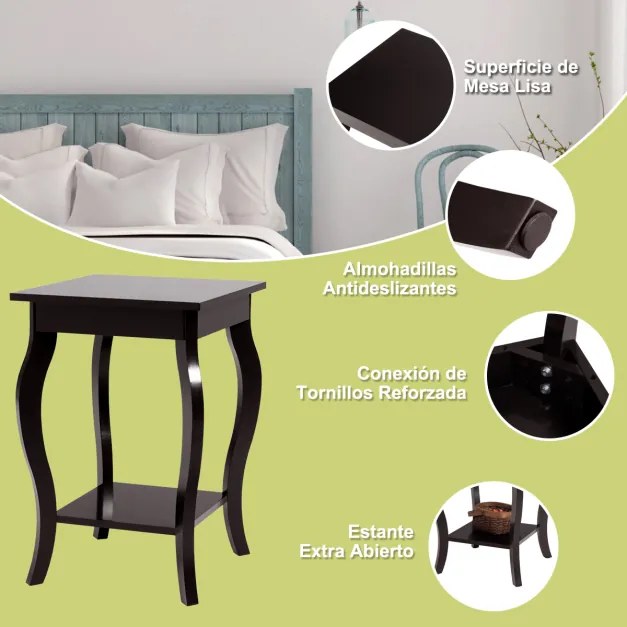 Conjunto de 2 mesas de cabeceira de 2 camadas com pernas curvas para quarto, sala de estar e sala de estar 40 x 40 x 60 cm castanho