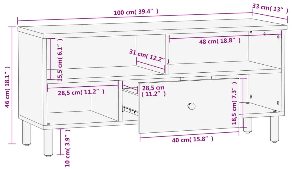 Móvel de TV 100x33x46 cm madeira de mangueira maciça preto