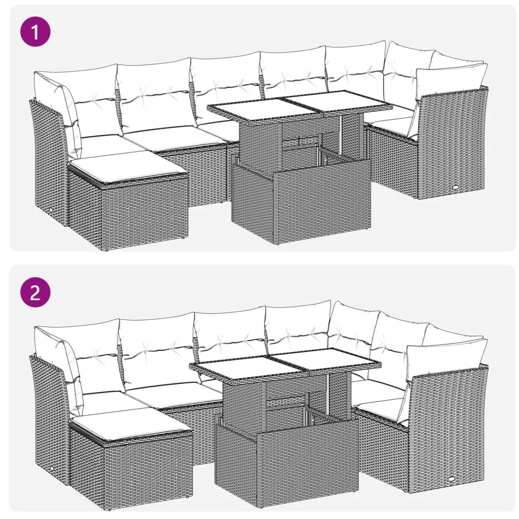 8 pcs conjunto de sofás p/ jardim com almofadões vime PE bege