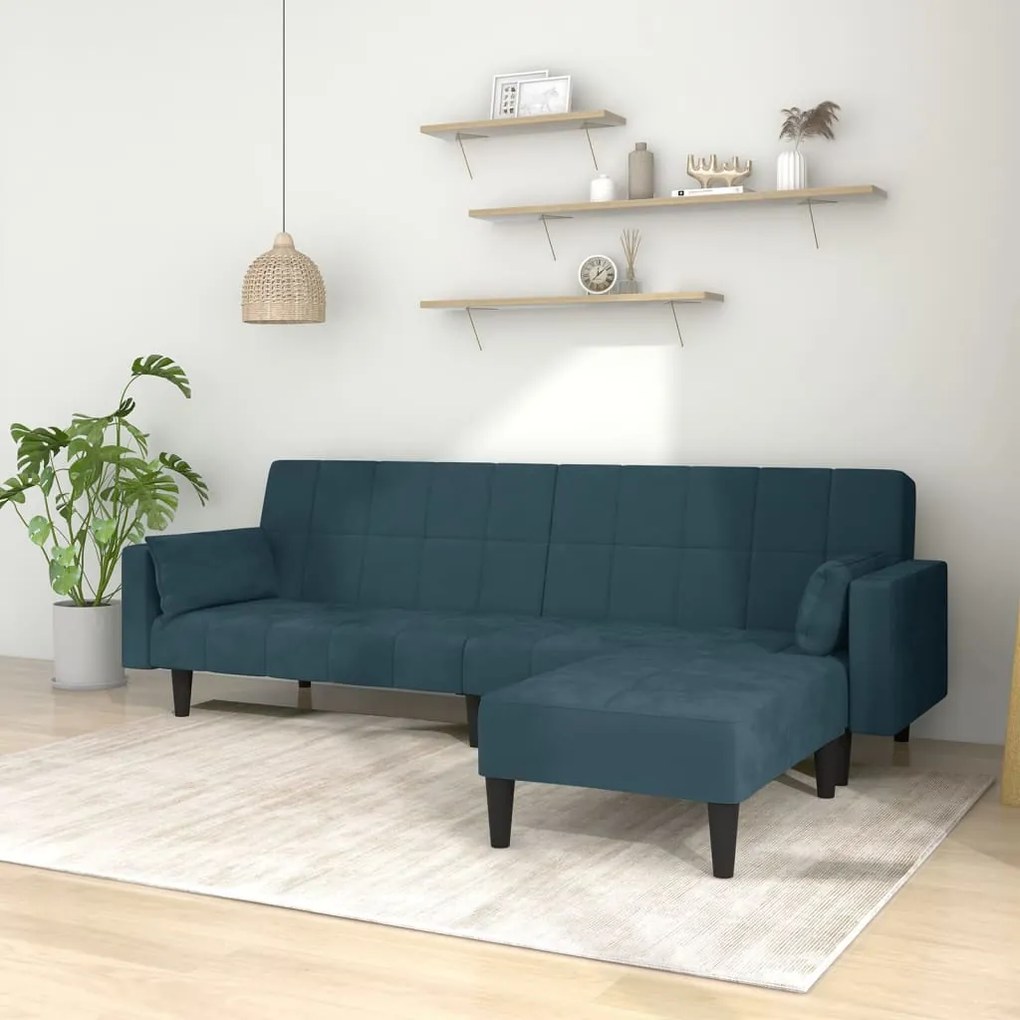 3080696 vidaXL Sofá-cama 2 lug. c/ 2 almofadas e apoio de pés veludo azul