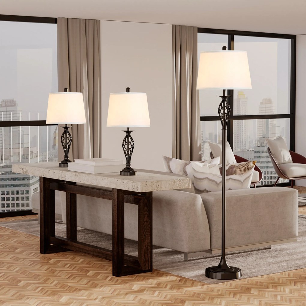 Conjunto de 2 Candeeiros de Mesa e Candeeiro de Pé com Ecrã de Tecido E27 Máx. 40W IP20 e Interruptor de Pé Candeeiros para Sala de Estar Dormitório Ø